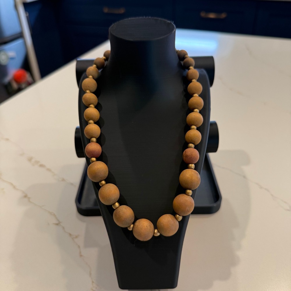 Boho Minimalist Natural Wood Bead Necklace Graduated Brown Gold Tone Statement